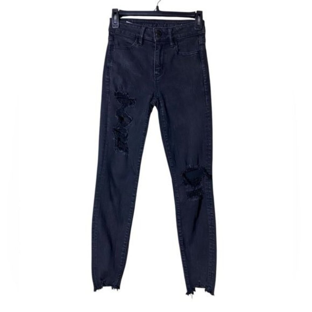 American Eagle‎ Womens Next Level Stretch Jeggings Size 0 Black Distressed